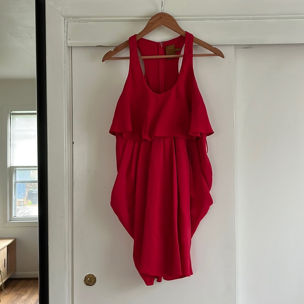 Ali Ro Silk Scoop Neck Peplum Dress in Magenta